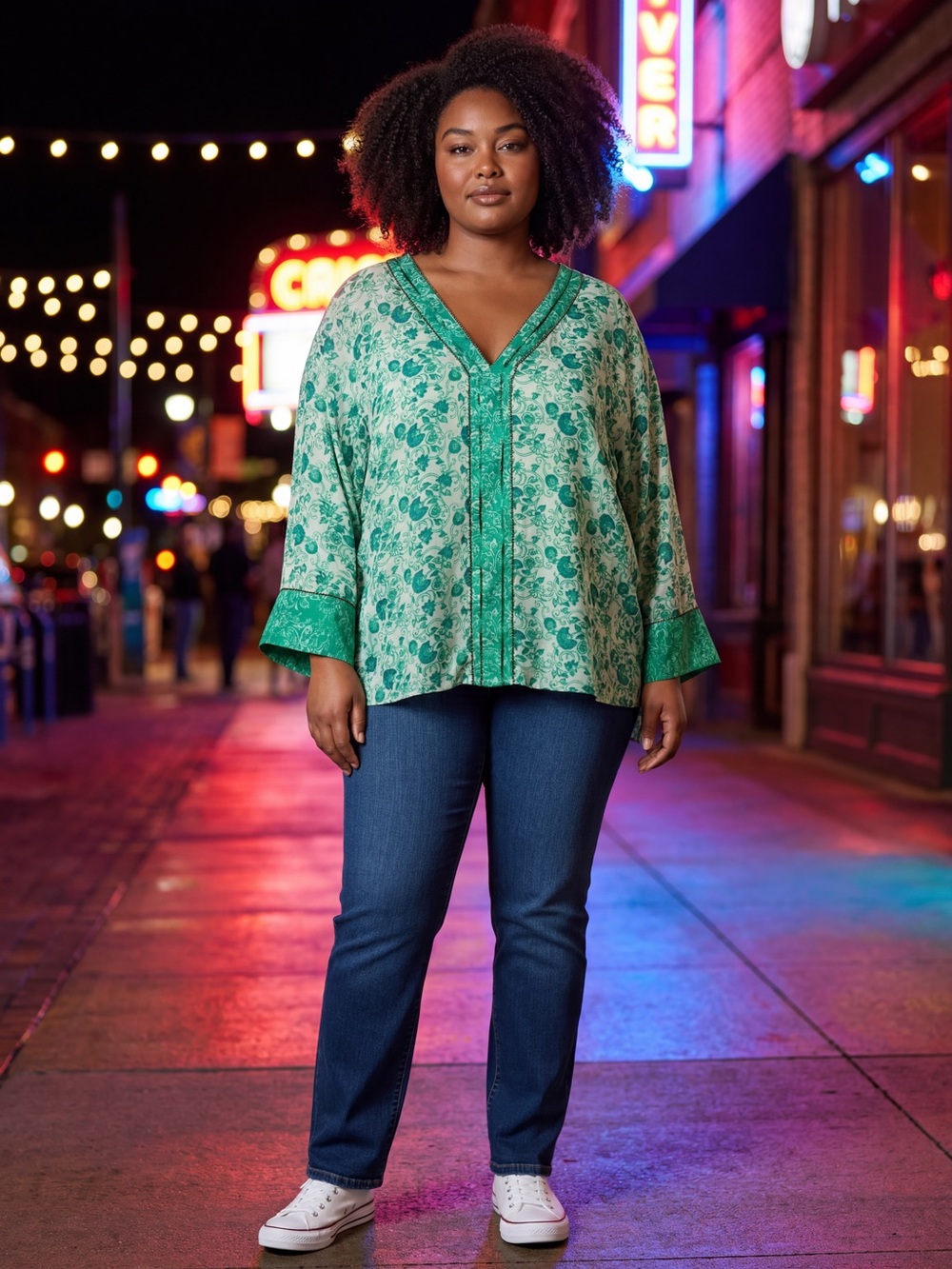 Chico's Green Floral Patterned V-Neck Blouse with Bell Slee-